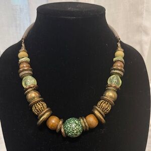 Green and Brown Boho Beaded Statement Necklace - Unbranded